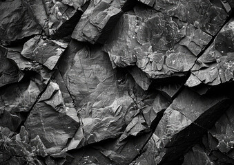 Black and white close up of rocks, black rock texture background, rock wall. Created with Ai 