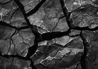 Black and white rock texture background with cracks. Closeup of black stone surface with dark gray rough natural texture. Created with Ai