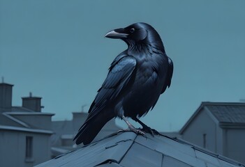 Naklejka premium A raven perched on the edge of a rooftop its wings