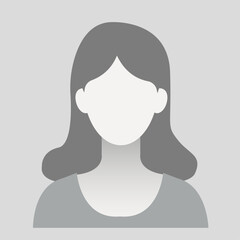 Person gray photo placeholder. Female head silhouette for social media profile, icon, user, screensaver and as template. Greyscale.