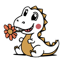 Cute carton dinosaur character holding a flower in his mouth 