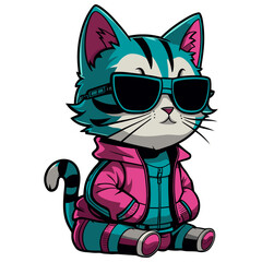 Cool cartoon cyber kitty with sunglasses, isolated on white