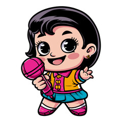Cartoon cute little girl singing while holding a microphone