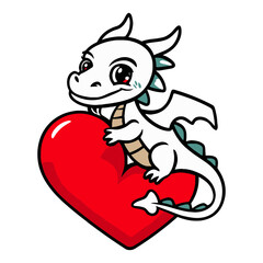 Dragon riding a red heart, cartoon illustration 