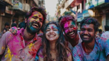 Obraz premium Group of friends having fun on Holi festival according to Indian tradition
