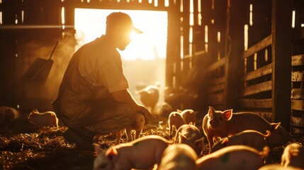 Obraz premium Agriculture with piglets and farmers in the countryside