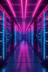 A symmetrical row of servers in a data center is illuminated by neon lights in shades of purple
