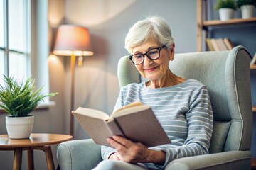 An elderly retired woman, a modern grandmother with glasses, is reading a book in the interior of the living room, sitting in an armchair at home in natural light.