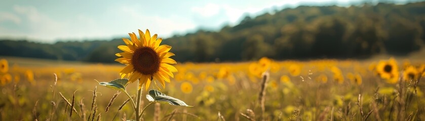 A single sunflower stands out in a field