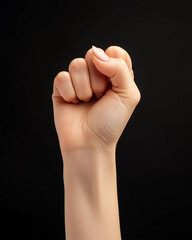 woman's clenched fist with natural nails, dark background, female strength, empowerment, and determination. motivational and activist content.