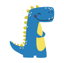 Cute blue dinosaur in simple child style on white background, flat vector illustration . Vector illustration