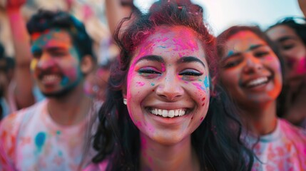 A cute young woman smiles with pink powder on her face. - Powered by Adobe