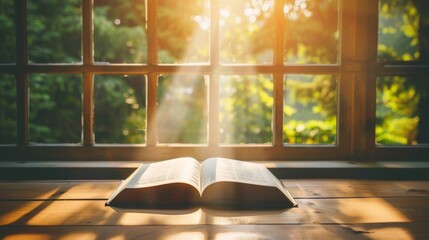 A white open book lying on a wooden table with sunlight streaming through a window in the background