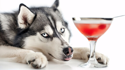 Close-up of a Drunk Alaskan Dog with a Martini Glass on White Background. Generated AI 