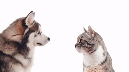Portrait of an Alaskan Dog Affectionately Looking at a Scottish Cat on White Background. Generated AI 