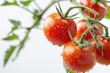 Close-up of juicy cherry tomatoes a white background