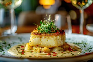 Gourmet pan-seared scallops on a bed of smooth potato puree, garnished with herbs and spices