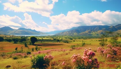 Fototapeta premium A stunning spring day landscaping views of fertile land surrounded beautiful green vegetation, wide stretches of hills and mountains with clear skies in spring