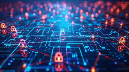 Futuristic digital background showcasing cybersecurity with glowing padlocks protecting complex online network connections and data flow.