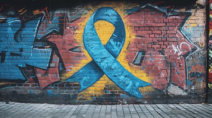 Blue ribbon painted graffiti on textured brick surface