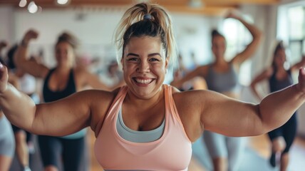Fototapeta premium fitness class with participants of all body sizes and shapes, enjoying a workout together in a positive environment