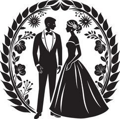 silhouette of bride and groom black and white illustration