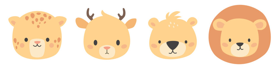 Set of vector cute animal faces. Leopard, lion, bear and deer. Illustrations in children's style on white background . Vector illustration