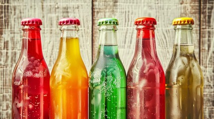 Colorful assortment of soda bottles against a wooden backdrop