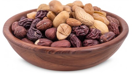 Variety of mixed nuts and dried fruits in wooden bowl on white background