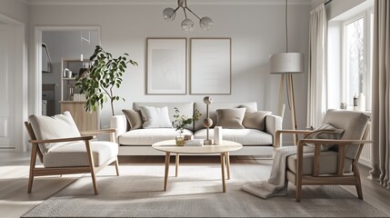 A sleek living room with a Scandinavian design featuring light airy furniture a neutral color palette and simple functional decor that emphasizes comfort and minimalism.