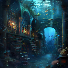 The library of the soul filled with ancient books and mystical artifacts, the gateway to the kingdom under the sea teeming with fish and treasures of every hue: Graphic background for decorating works