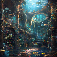 The library of the soul filled with ancient books and mystical artifacts, the gateway to the kingdom under the sea teeming with fish and treasures of every hue: Graphic background for decorating works