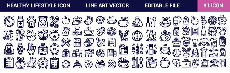Healthy lifestyle icon set. It contains a healthy lifestyle, diet, exercise, sleep, relationships, running, routine, and self-care icons. Solid icon concept.