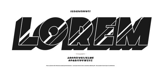 Font lorem 3d bold black white color modern typography style for summer party poster, t shirt, flier, decoration, card, sale banner, printing on fabric, industrial. Cool typeface. Trendy alphabet