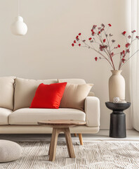 Minimalist home interiors with a modern design and chic decor. Home decoration image with copyspace.