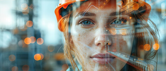 banner of a Close up, female Construction engineering concept, represented by a double exposure of building engineers, architects, or construction workers at work