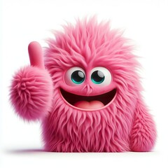 pink monster that is Very very soft and fuzzy. giving thumbs up, white background