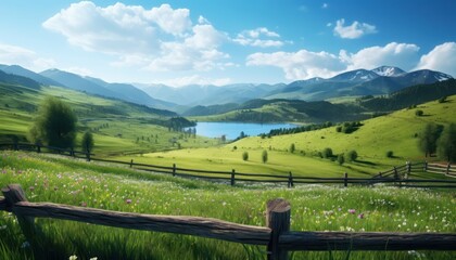A stunning spring day landscaping views of fertile land surrounded beautiful green vegetation, wide stretches of hills and mountains with clear skies in spring