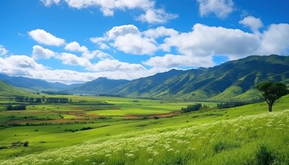A stunning spring day landscaping views of fertile land surrounded beautiful green vegetation, wide stretches of hills and mountains with clear skies in spring