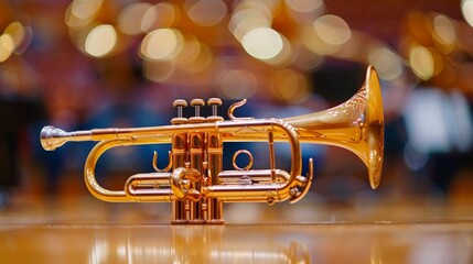 Golden trumpet on stage with bokeh background highlights music performance