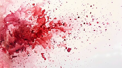 Vibrant ruby paint splatters in various colors against a pristine white backdrop, creating a captivating abstract composition