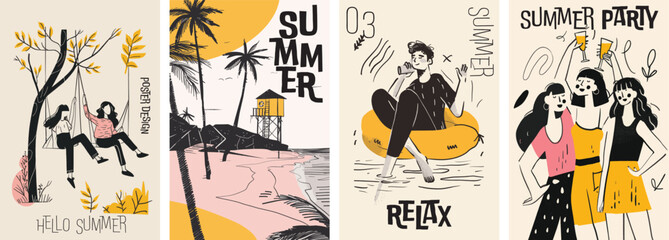 Collection of minimal summer poster cover designs. Summer vacation background