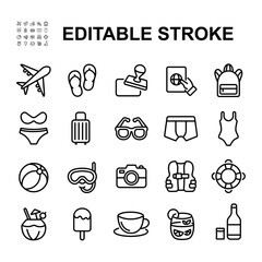 Set of travel and tourism icons. Contains icons such as airplane, travel, beach, passport, summer vacation. Line style vector illustration.
