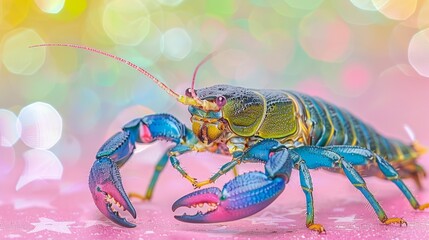  A detailed shot of a blue-yellow insect on a pink-green backdrop, with indistinct lights blurring the background and a bokeh of soft, blurred lights