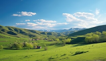 Fototapeta premium A stunning spring day landscaping views of fertile land surrounded beautiful green vegetation, wide stretches of hills and mountains with clear skies in spring