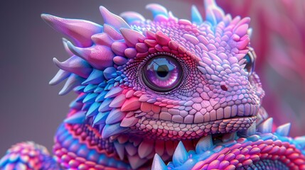 Obraz premium A tight shot of a pink-blue dragon with head spikes against a purple backdrop, framed by a gray background