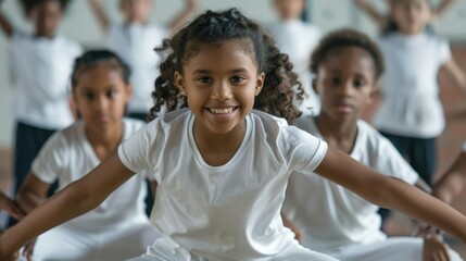 A group of cute, energetic little kids in white shirts and sports pants are stretching their muscles to warm up their bodies. play sports in school - Powered by Adobe