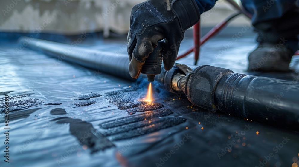 Poster a worker using a heat gun to fuse together two pieces of geotextile fabric creating a seamless and s