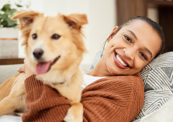 Portrait, dog and woman on couch with love for happiness, relax and playing together for support....