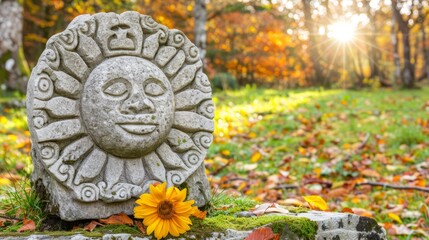 Fototapeta premium A stone sun face statuary, yellow flower in foreground, grassy scene with trees, sunlight distant